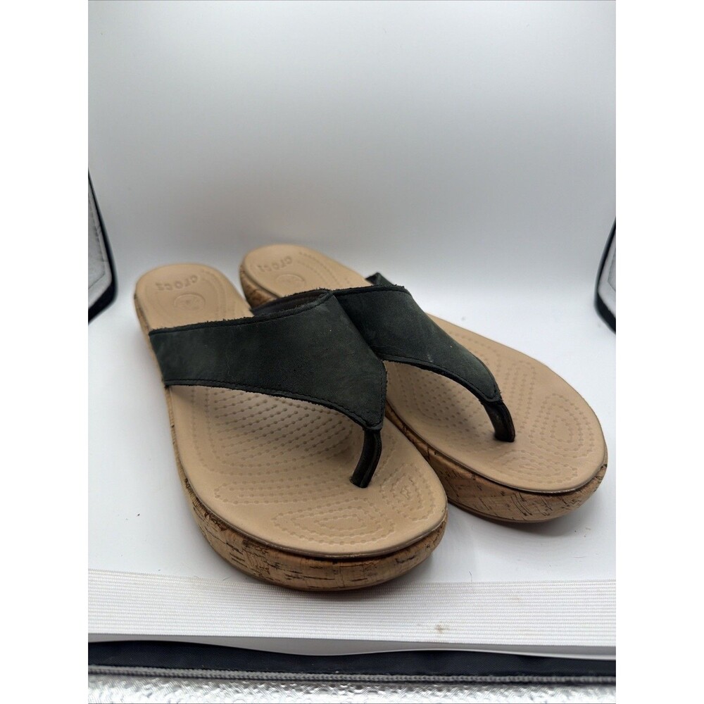 Crocs Cyprus V Black Leather Cork Wedge Sandals Flip Flops Heel Womens 9 14933